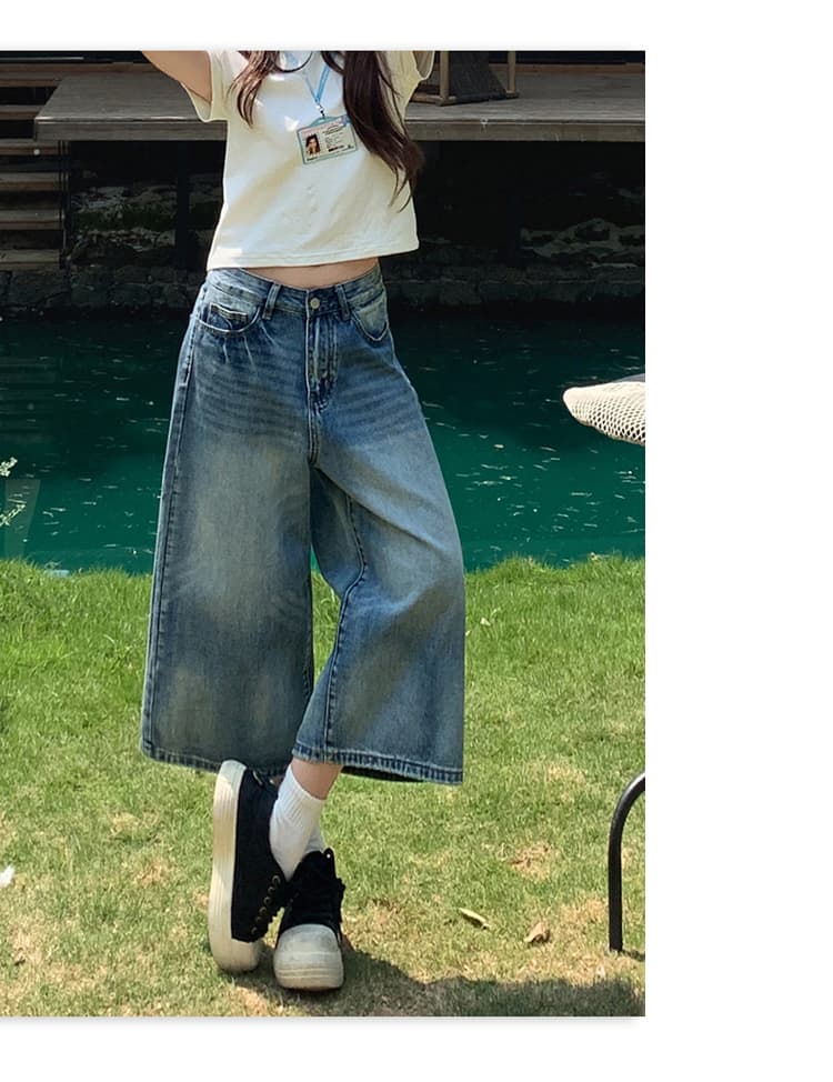 아메리칸 레트로 워싱 균열 넓은 다리 7 점 청바지 여성 bf 느긋한 바람 루즈핏 슬림해 보이는 스트레이트 바지 여름 상세 이미지 17