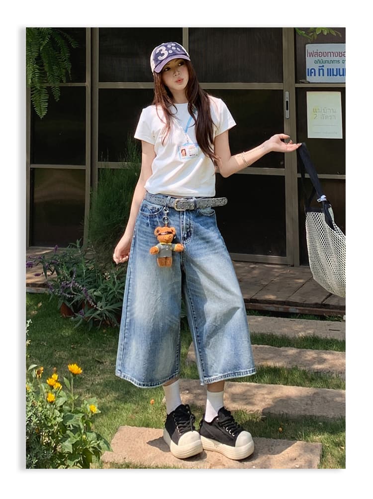 아메리칸 레트로 워싱 균열 넓은 다리 7 점 청바지 여성 bf 느긋한 바람 루즈핏 슬림해 보이는 스트레이트 바지 여름 상세 이미지 18