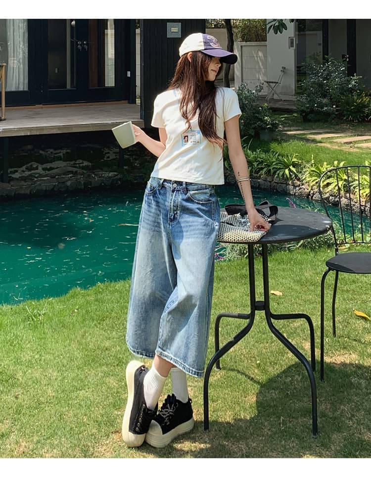 아메리칸 레트로 워싱 균열 넓은 다리 7 점 청바지 여성 bf 느긋한 바람 루즈핏 슬림해 보이는 스트레이트 바지 여름 상세 이미지 20