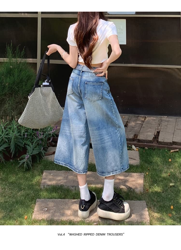 아메리칸 레트로 워싱 균열 넓은 다리 7 점 청바지 여성 bf 느긋한 바람 루즈핏 슬림해 보이는 스트레이트 바지 여름 상세 이미지 21