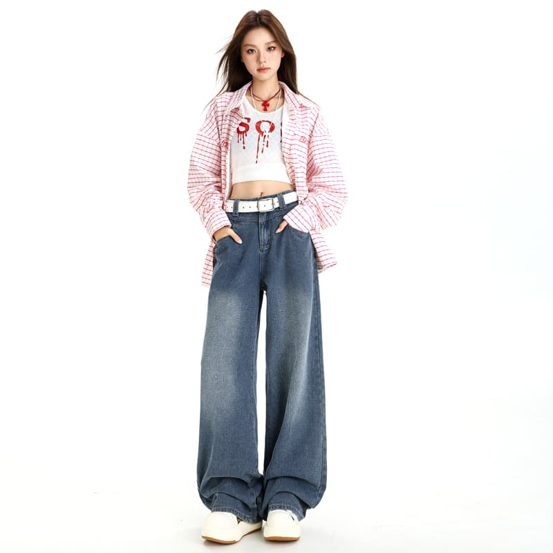 2026 년 여름 별이 빛나는 하늘 곡물 레트로 슬림해 보이는 넓은 다리 청바지 여성 루즈핏 다용도 스트레이트 디자인 센스 바닥 청소 바지 이미지 3