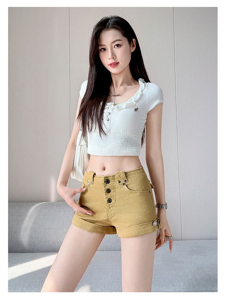 2026 년 새로운 하이웨이스트 단추 데님 반바지 여성 여름 새로운 핫걸 바람 슬림해 보이는 디스플레이 다리 긴 롤 측면 핫 바지 상세 이미지 20