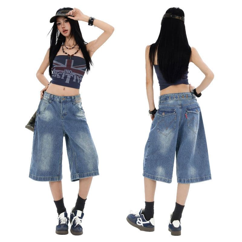 아메리칸 레트로 파리 버클 넓은 다리 워싱 데님 7부 바지 남녀 레트로 스타일 대나무 마디 곡물 루즈핏 스트레이트 바지 이미지 2