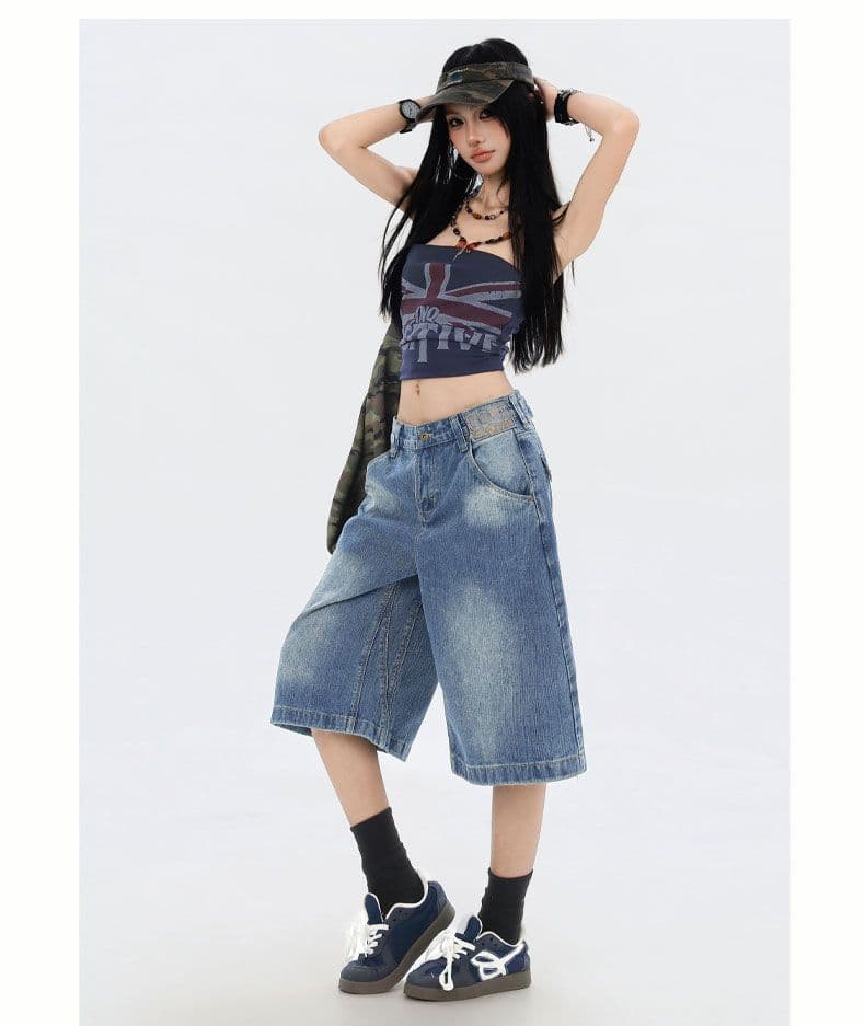 아메리칸 레트로 파리 버클 넓은 다리 워싱 데님 7부 바지 남녀 레트로 스타일 대나무 마디 곡물 루즈핏 스트레이트 바지 상세 이미지 11