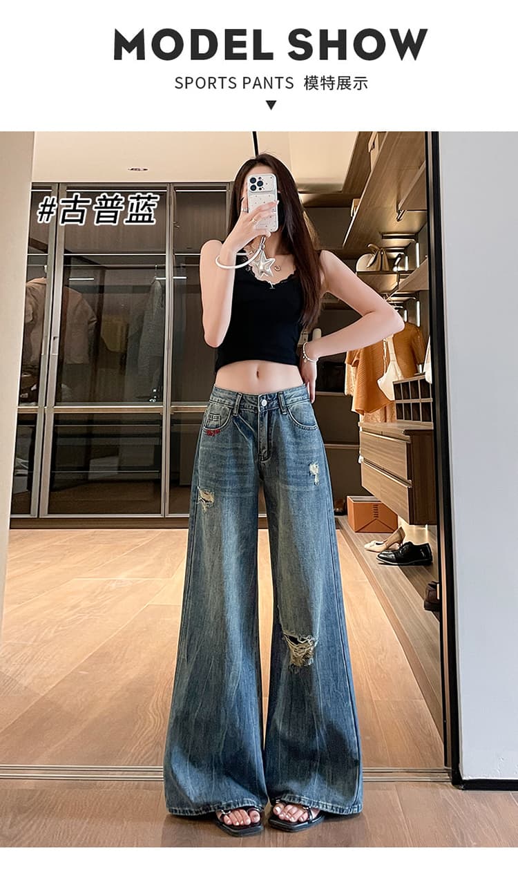 아메리칸 레트로 거리 핫걸 디자인 센스 마 오래된 워싱 찢어진 부분 청바지 아이들 여름 넓은 다리 루즈핏 바닥 청소 바지 상세 이미지 16