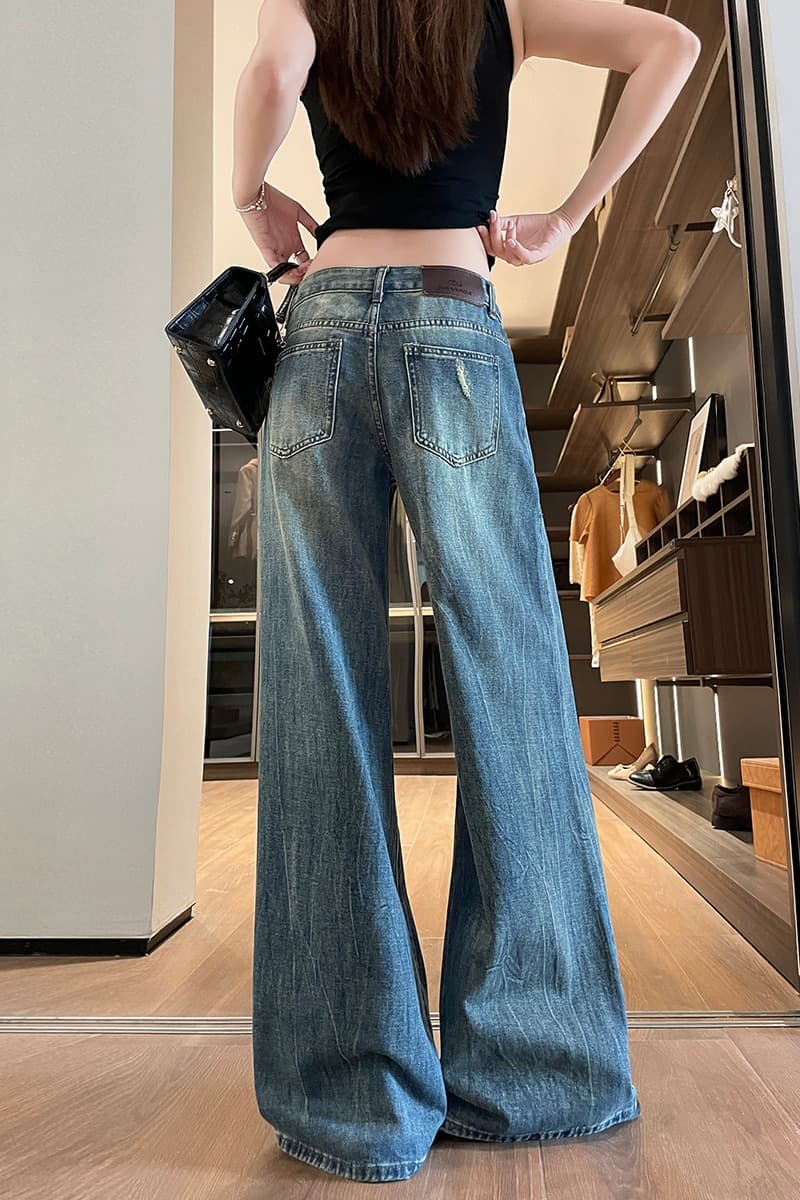 아메리칸 레트로 거리 핫걸 디자인 센스 마 오래된 워싱 찢어진 부분 청바지 아이들 여름 넓은 다리 루즈핏 바닥 청소 바지 이미지 7
