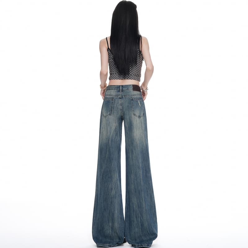 아메리칸 레트로 거리 핫걸 디자인 센스 마 오래된 워싱 찢어진 부분 청바지 아이들 여름 넓은 다리 루즈핏 바닥 청소 바지 이미지 6