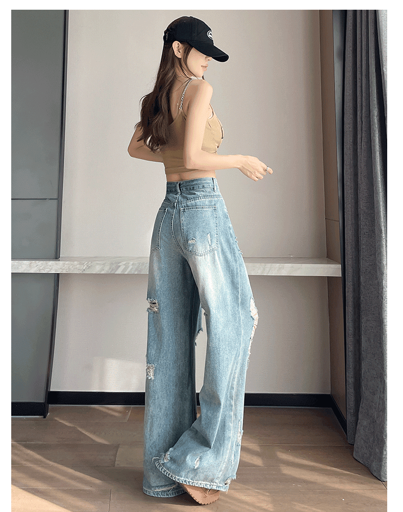 아메리칸 찢어진 부분 넓은 다리 청바지 여성 2026 여름 얇은 스타일 작은 키 하이웨이스트 슬림해 보이는 루즈핏 패션 바닥 청소 바지 상세 이미지 19