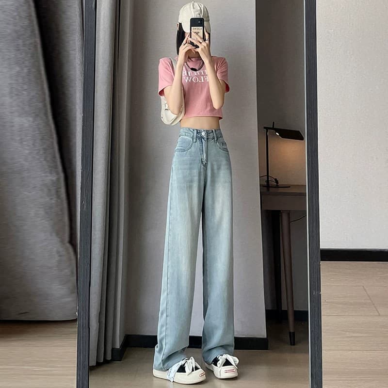 작은 키 밝은색 하이웨이스트 좁은 에디션 넓은 다리 청바지 여성 여름 얇은 스타일 도루 센스 150cm 디스플레이 높음 스트레이트 바지 이미지 2