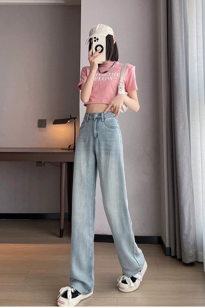 작은 키 밝은색 하이웨이스트 좁은 에디션 넓은 다리 청바지 여성 여름 얇은 스타일 도루 센스 150cm 디스플레이 높음 스트레이트 바지 이미지 6
