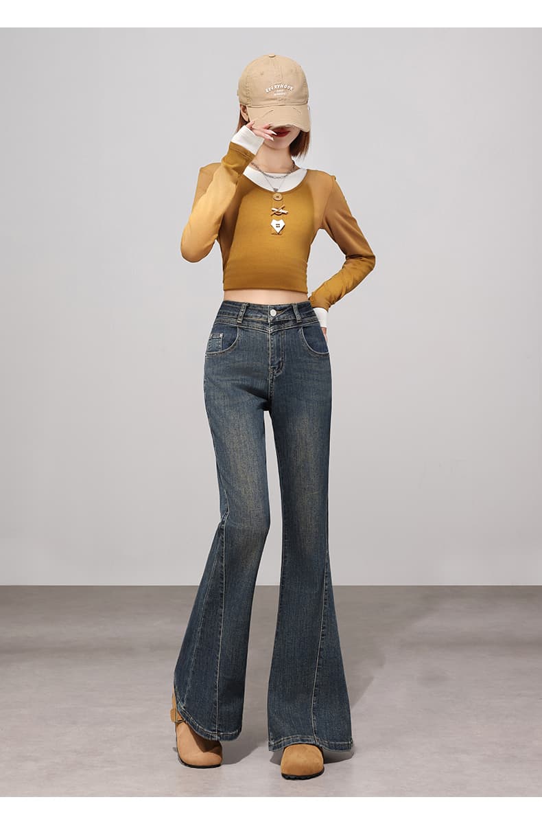 디자인 센스 레트로 블루 몸매 가꾸기 부츠컷 청바지 여성 봄 가을 2026 새로운 하이웨이스트 신축성 바닥 청소 나팔 바지 상세 이미지 12