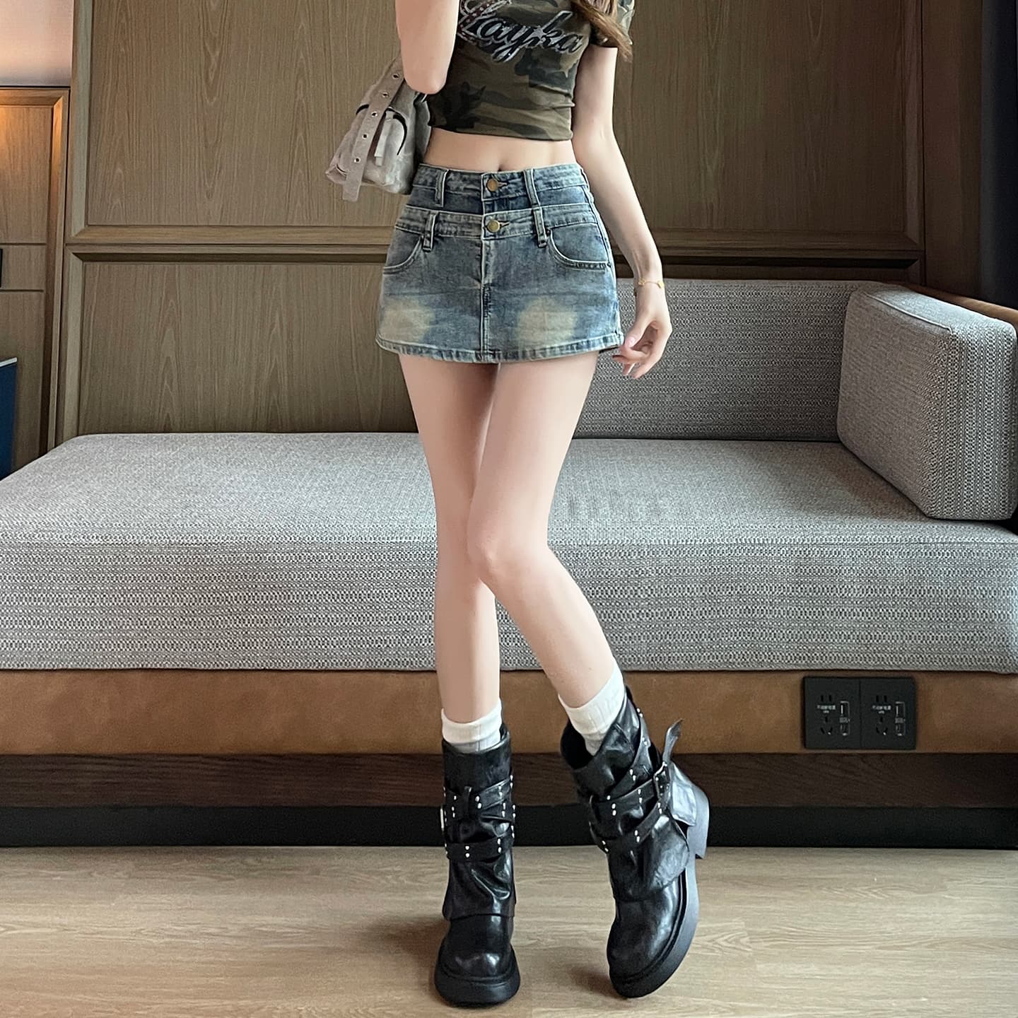 아메리칸 레트로 이중층 허리 머리 데님 반신 미니 스커트 여성 2026 여름 얇은 스타일 핫걸 노출 방지 치마바지 반바지 이미지 5