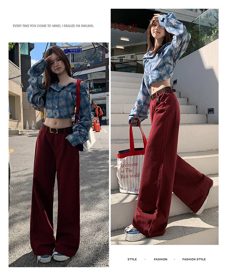앤 코라 빨간색 넓은 다리 청바지 여성 2026 조기 가을 작은 키 새로운 하이웨이스트 슬림해 보이는 폭발 스트레이트 팬츠 상세 이미지 16