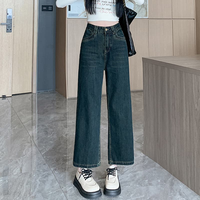 레트로 블루 넓은 다리 담배 파이프 청바지 여성 2026 가을 새로운 루즈핏 작은 여덟 어린이 9 포인트 스트레이트 할머니 바지 이미지 3