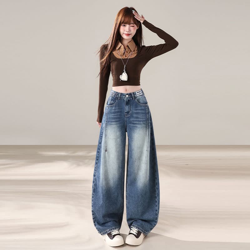 아메리칸 레트로 마 오래된 워싱 청바지 여성 가을 측면 솔기 둥근 구멍 단추 디자인 하이웨이스트 도루 센스 루즈핏 와이드 레그 팬츠 이미지 4