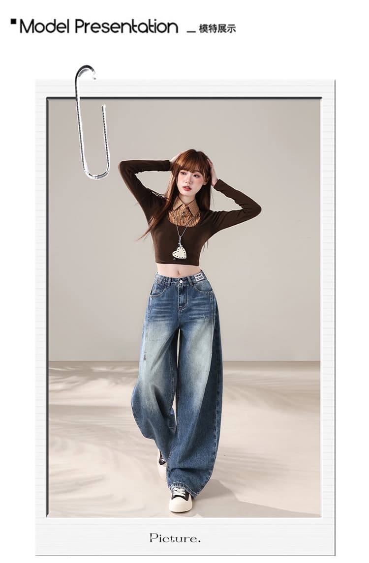 아메리칸 레트로 마 오래된 워싱 청바지 여성 가을 측면 솔기 둥근 구멍 단추 디자인 하이웨이스트 도루 센스 루즈핏 와이드 레그 팬츠 상세 이미지 8