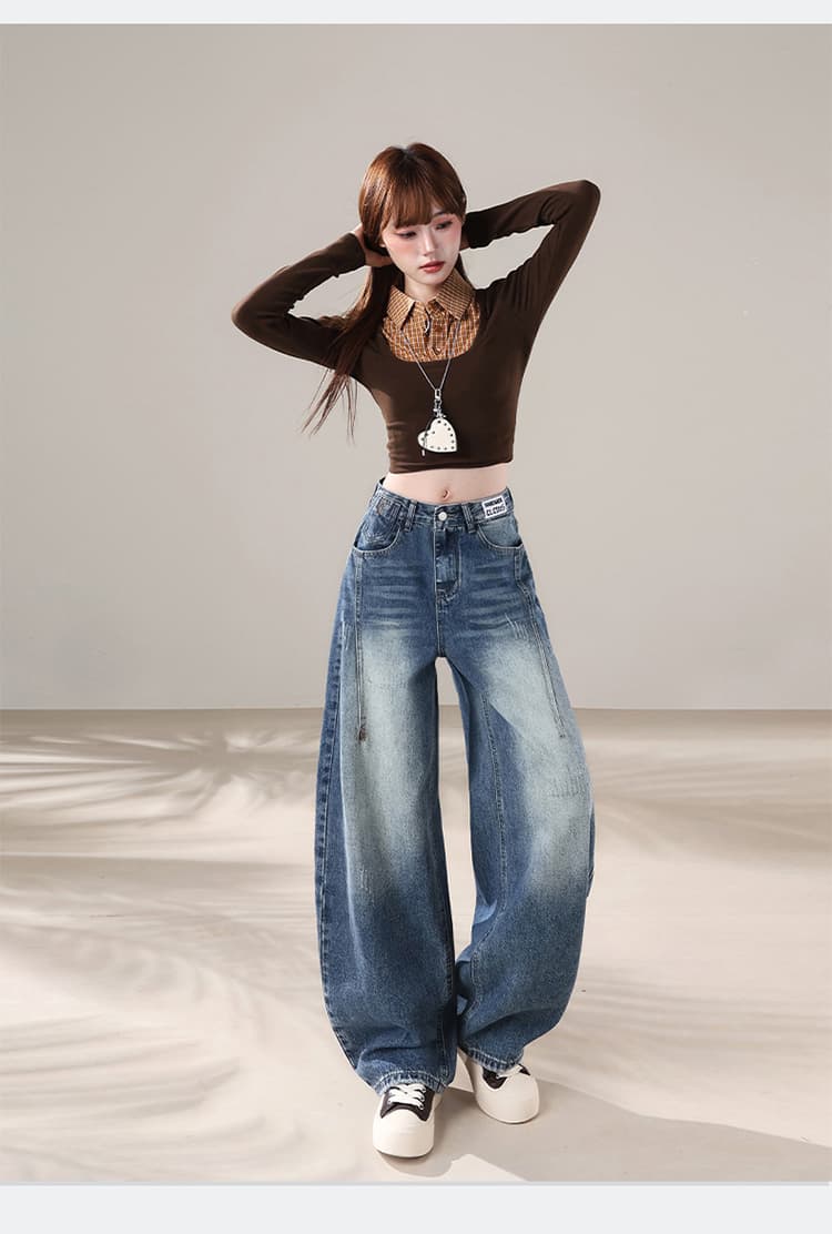 아메리칸 레트로 마 오래된 워싱 청바지 여성 가을 측면 솔기 둥근 구멍 단추 디자인 하이웨이스트 도루 센스 루즈핏 와이드 레그 팬츠 상세 이미지 10
