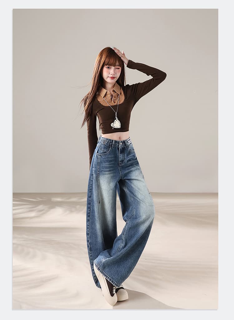 아메리칸 레트로 마 오래된 워싱 청바지 여성 가을 측면 솔기 둥근 구멍 단추 디자인 하이웨이스트 도루 센스 루즈핏 와이드 레그 팬츠 상세 이미지 11