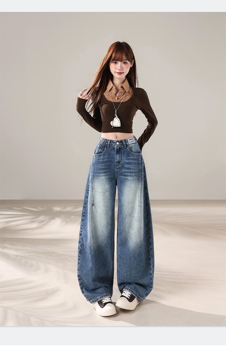 아메리칸 레트로 마 오래된 워싱 청바지 여성 가을 측면 솔기 둥근 구멍 단추 디자인 하이웨이스트 도루 센스 루즈핏 와이드 레그 팬츠 상세 이미지 12