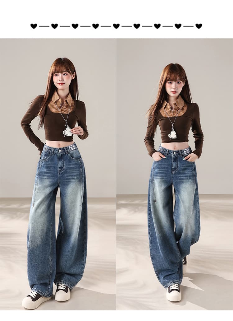 아메리칸 레트로 마 오래된 워싱 청바지 여성 가을 측면 솔기 둥근 구멍 단추 디자인 하이웨이스트 도루 센스 루즈핏 와이드 레그 팬츠 상세 이미지 13