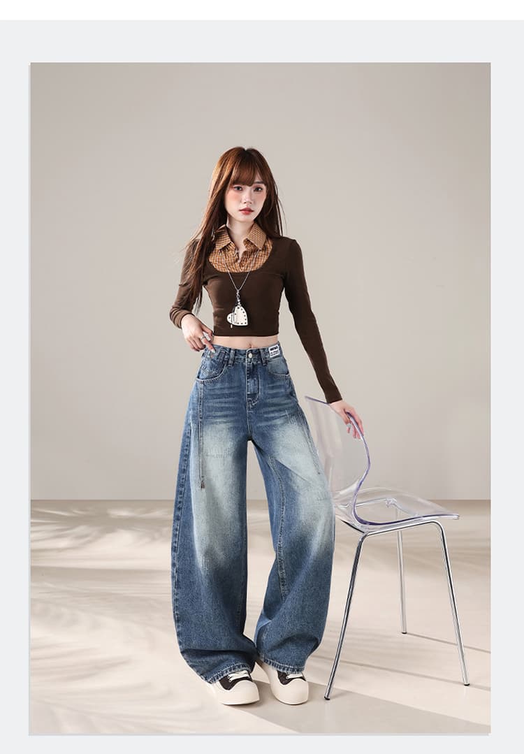 아메리칸 레트로 마 오래된 워싱 청바지 여성 가을 측면 솔기 둥근 구멍 단추 디자인 하이웨이스트 도루 센스 루즈핏 와이드 레그 팬츠 상세 이미지 15