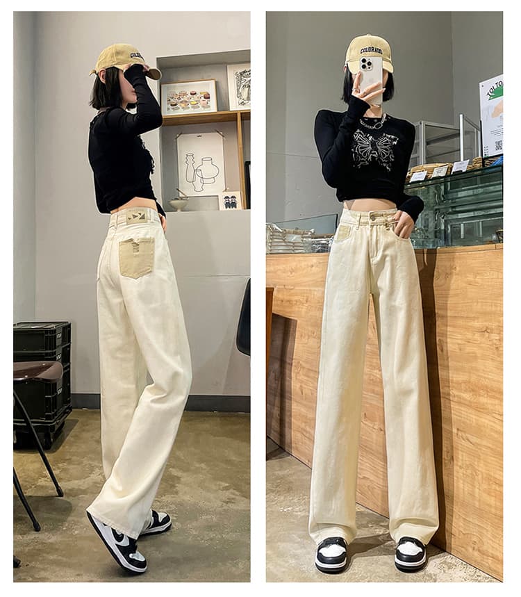 베이지 색 좁은 에디션 넓은 다리 청바지 여성 가을 2026 새로운 배 종류 몸 표지 넓적 다리 다용도 도루 센스 스트레이트 팬츠 상세 이미지 4