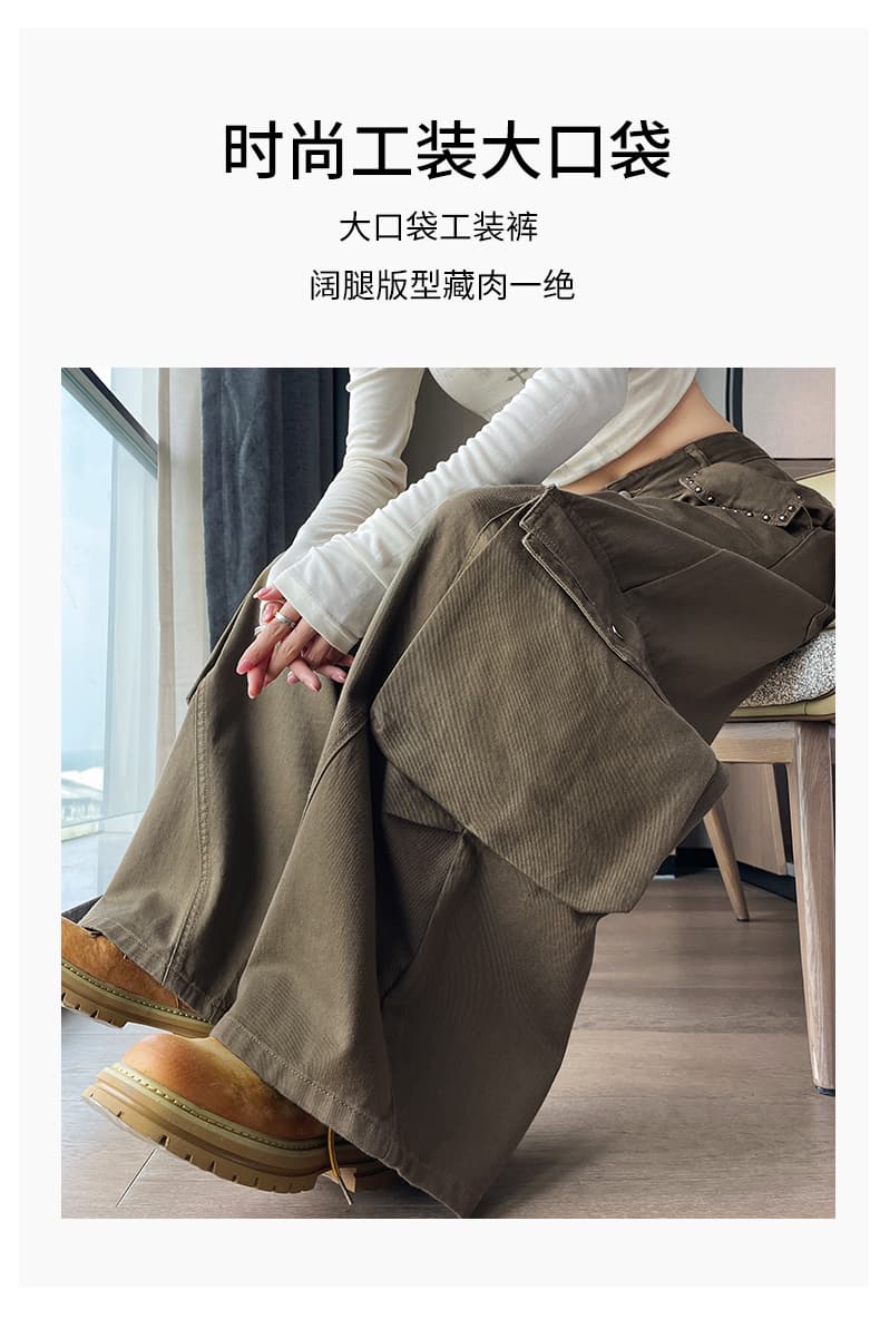 아메리칸 빅 포켓 워크웨어 모통이 칼 바지 여성 봄 가을 새로운 하이웨이스트 루즈핏 스트레이트 레트로 캐주얼 넓은 다리 바나나 바지 상세 이미지 9