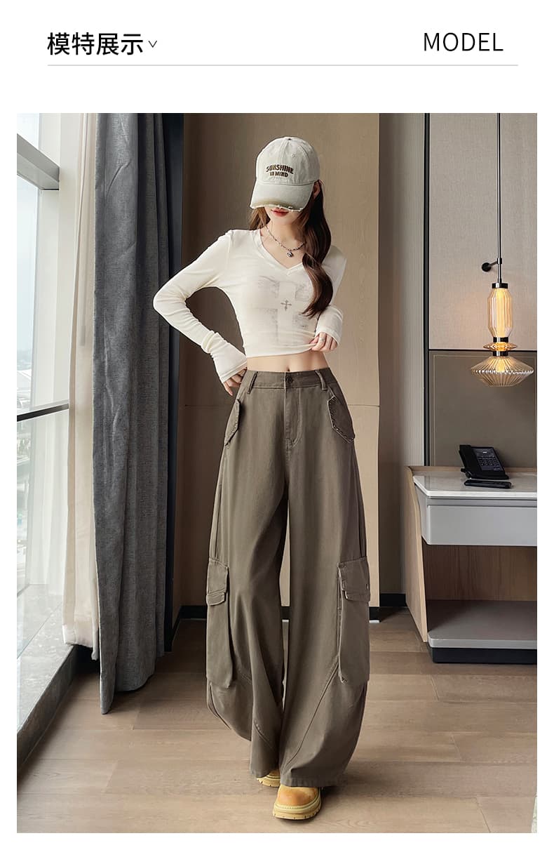 아메리칸 빅 포켓 워크웨어 모통이 칼 바지 여성 봄 가을 새로운 하이웨이스트 루즈핏 스트레이트 레트로 캐주얼 넓은 다리 바나나 바지 상세 이미지 14