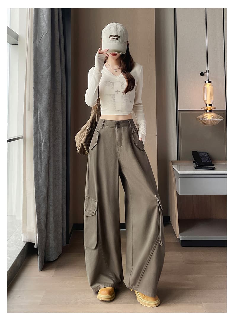 아메리칸 빅 포켓 워크웨어 모통이 칼 바지 여성 봄 가을 새로운 하이웨이스트 루즈핏 스트레이트 레트로 캐주얼 넓은 다리 바나나 바지 상세 이미지 15