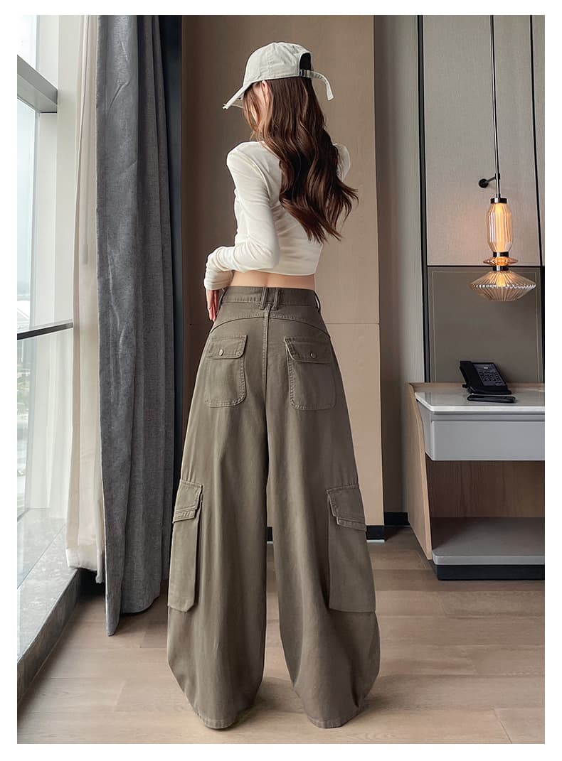 아메리칸 빅 포켓 워크웨어 모통이 칼 바지 여성 봄 가을 새로운 하이웨이스트 루즈핏 스트레이트 레트로 캐주얼 넓은 다리 바나나 바지 상세 이미지 17