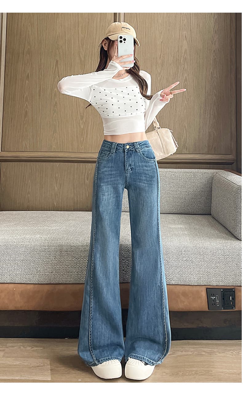 패치워크 부츠컷 넓은 다리 청바지 여성 가을 2026 새로운 하이웨이스트 루즈핏 슬림해 보이는 스트레이트 바닥 청소 나팔 바지 상세 이미지 19