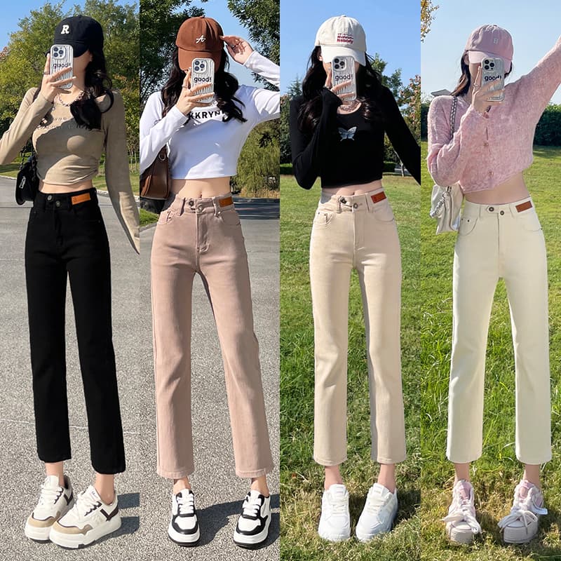 스트레이트 청바지 여성 작은 키 150cm 디스플레이 높음 봄 가을 하이웨이스트 신축성 슬림해 보이는 카키 색 담배 파이프 바지 이미지 2