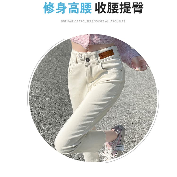 스트레이트 청바지 여성 작은 키 150cm 디스플레이 높음 봄 가을 하이웨이스트 신축성 슬림해 보이는 카키 색 담배 파이프 바지 상세 이미지 3