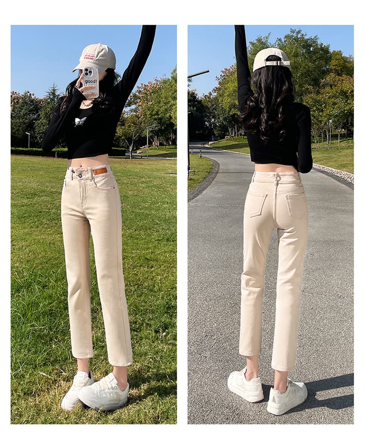 스트레이트 청바지 여성 작은 키 150cm 디스플레이 높음 봄 가을 하이웨이스트 신축성 슬림해 보이는 카키 색 담배 파이프 바지 상세 이미지 21