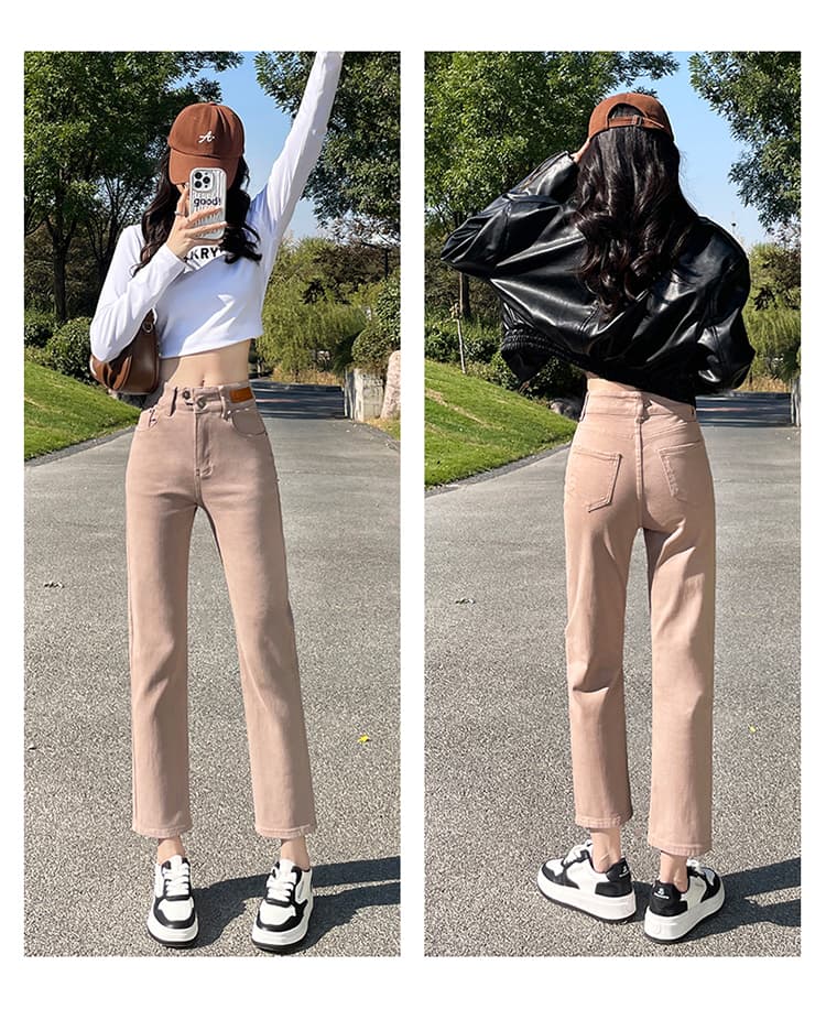 스트레이트 청바지 여성 작은 키 150cm 디스플레이 높음 봄 가을 하이웨이스트 신축성 슬림해 보이는 카키 색 담배 파이프 바지 상세 이미지 29