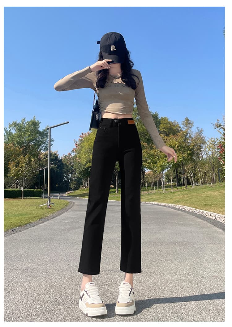 스트레이트 청바지 여성 작은 키 150cm 디스플레이 높음 봄 가을 하이웨이스트 신축성 슬림해 보이는 카키 색 담배 파이프 바지 상세 이미지 36