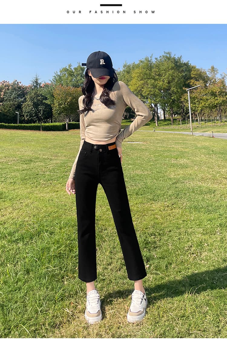 스트레이트 청바지 여성 작은 키 150cm 디스플레이 높음 봄 가을 하이웨이스트 신축성 슬림해 보이는 카키 색 담배 파이프 바지 상세 이미지 41