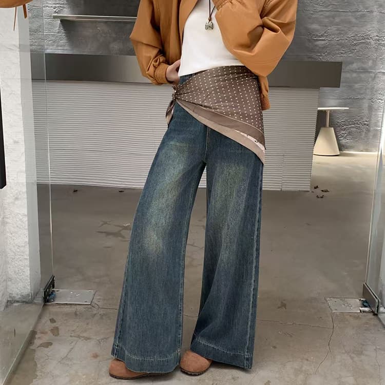 실사 가을 새로운 레트로 넓은 다리 대 나팔 청바지 미니멀리즘 다용도 루즈핏 디자인 센스 스트레이트 바닥 청소 바지 상세 이미지 9