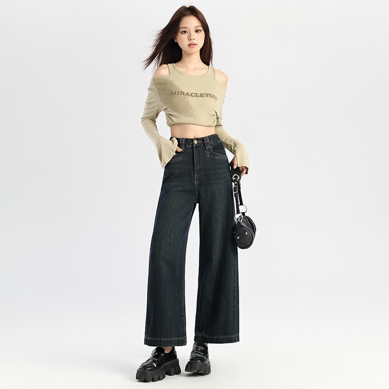 레트로 블루 넓은 다리 담배 파이프 청바지 여성 2026 가을 새로운 루즈핏 작은 여덟 어린이 9 포인트 스트레이트 할머니 바지 이미지 3