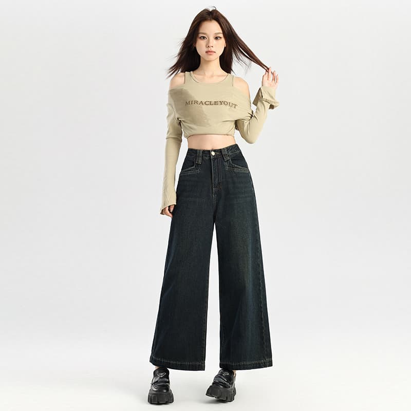 레트로 블루 넓은 다리 담배 파이프 청바지 여성 2026 가을 새로운 루즈핏 작은 여덟 어린이 9 포인트 스트레이트 할머니 바지 이미지 5