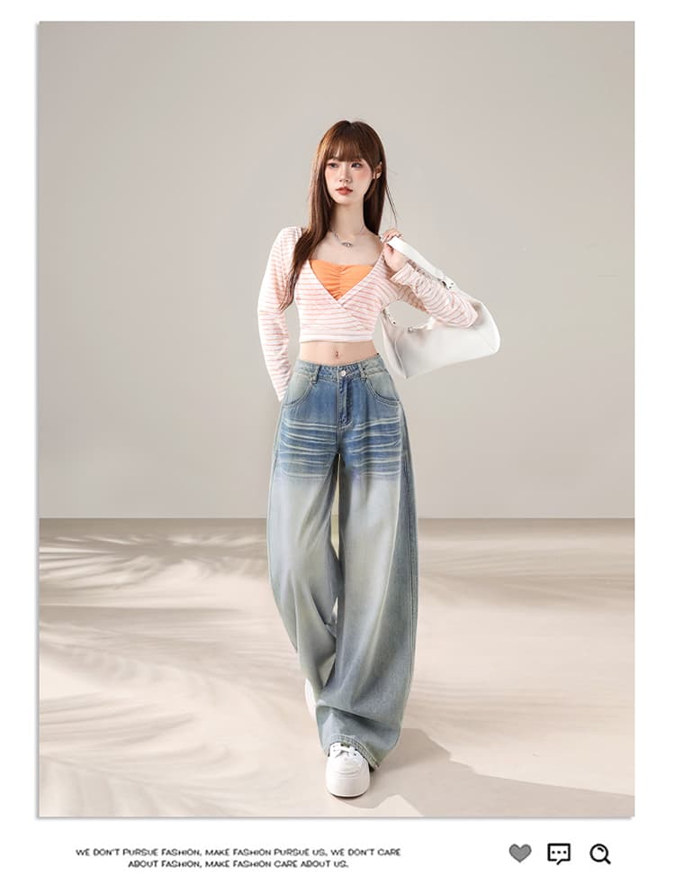 하늘색 물결 무늬 넓은 다리 청바지 여성 2026 가을 새로운 그라데이션 워싱 연삭 하얀 배 종류 루즈핏 낫 바지 상세 이미지 8