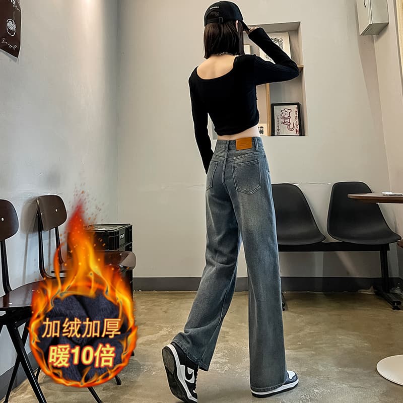 레트로 디자인 센스 별이 빛나는 하늘 곡물 자카드 스트레이트 청바지 여성 가을 겨울 털이 있는 작은 키 새로운 하이웨이스트 슬림해 보이는 바지 이미지 4