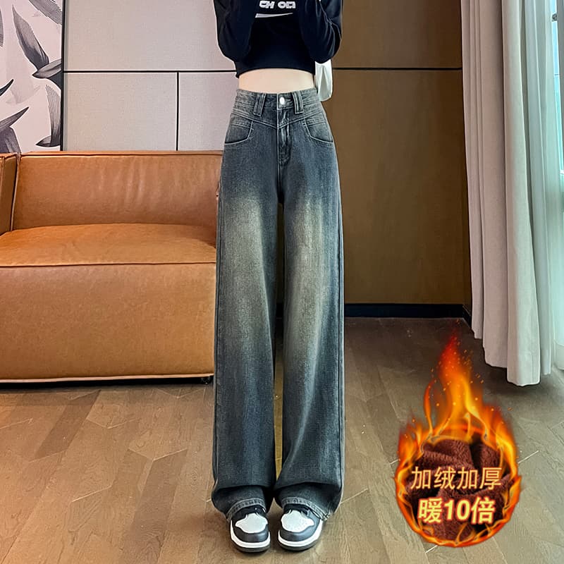 넓은 다리 청바지 여성 부드러운 찹쌀 2026 가을 털이 있는 폭발 디자인 센스 작은 키 바닥 청소 좁은 에디션 스트레이트 바지 이미지 3