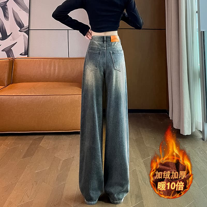 넓은 다리 청바지 여성 부드러운 찹쌀 2026 가을 털이 있는 폭발 디자인 센스 작은 키 바닥 청소 좁은 에디션 스트레이트 바지 이미지 4