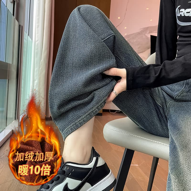 넓은 다리 청바지 여성 부드러운 찹쌀 2026 가을 털이 있는 폭발 디자인 센스 작은 키 바닥 청소 좁은 에디션 스트레이트 바지 이미지 5