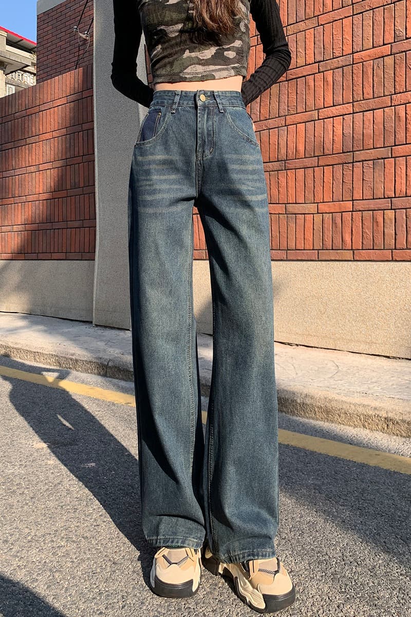 u 글꼴 주머니 물 말 넓은 다리 청바지 여성 배색 레트로 털이 있고 두꺼운 하이웨이스트 좁은 에디션 루즈핏 스트레이트 이미지 7