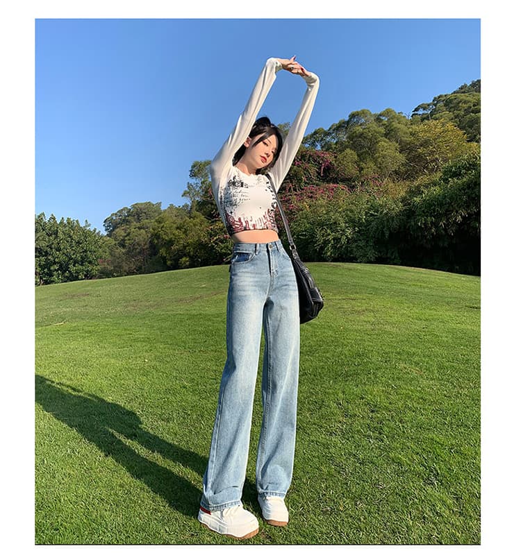 u 글꼴 주머니 물 말 넓은 다리 청바지 여성 배색 레트로 털이 있고 두꺼운 하이웨이스트 좁은 에디션 루즈핏 스트레이트 상세 이미지 10