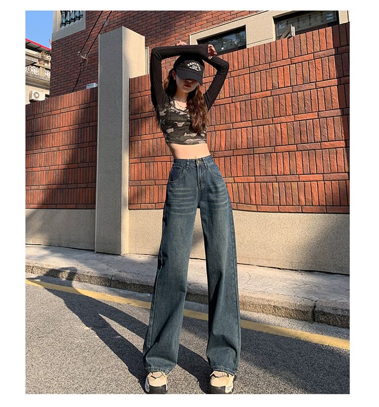 u 글꼴 주머니 물 말 넓은 다리 청바지 여성 배색 레트로 털이 있고 두꺼운 하이웨이스트 좁은 에디션 루즈핏 스트레이트 상세 이미지 20