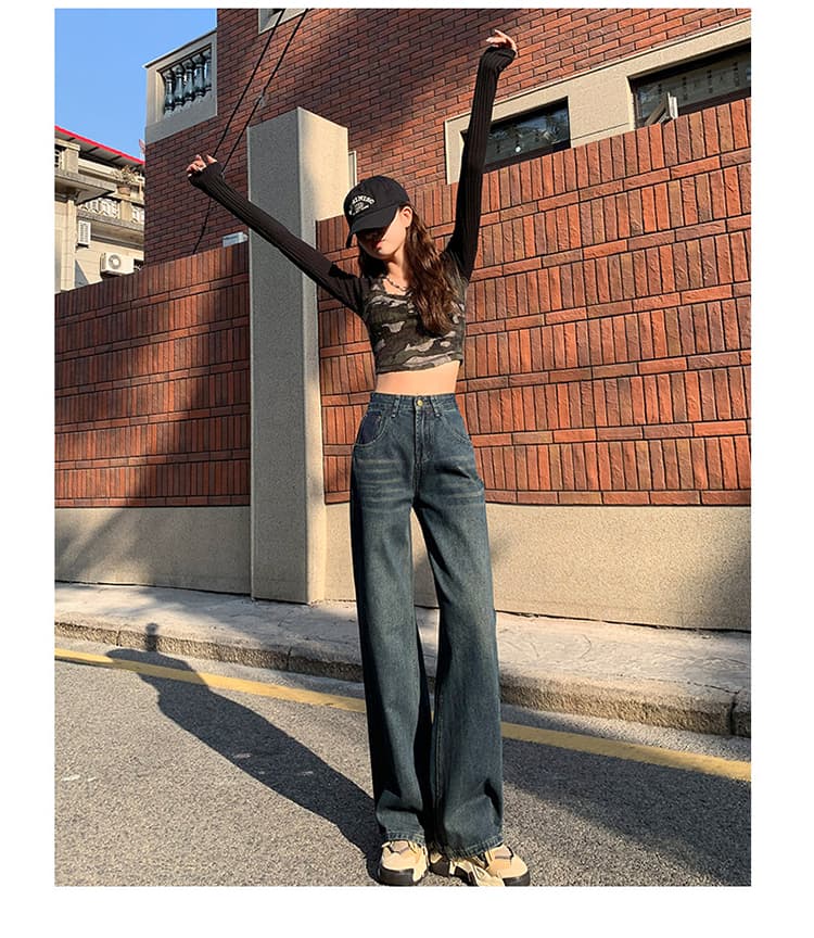 u 글꼴 주머니 물 말 넓은 다리 청바지 여성 배색 레트로 털이 있고 두꺼운 하이웨이스트 좁은 에디션 루즈핏 스트레이트 상세 이미지 21