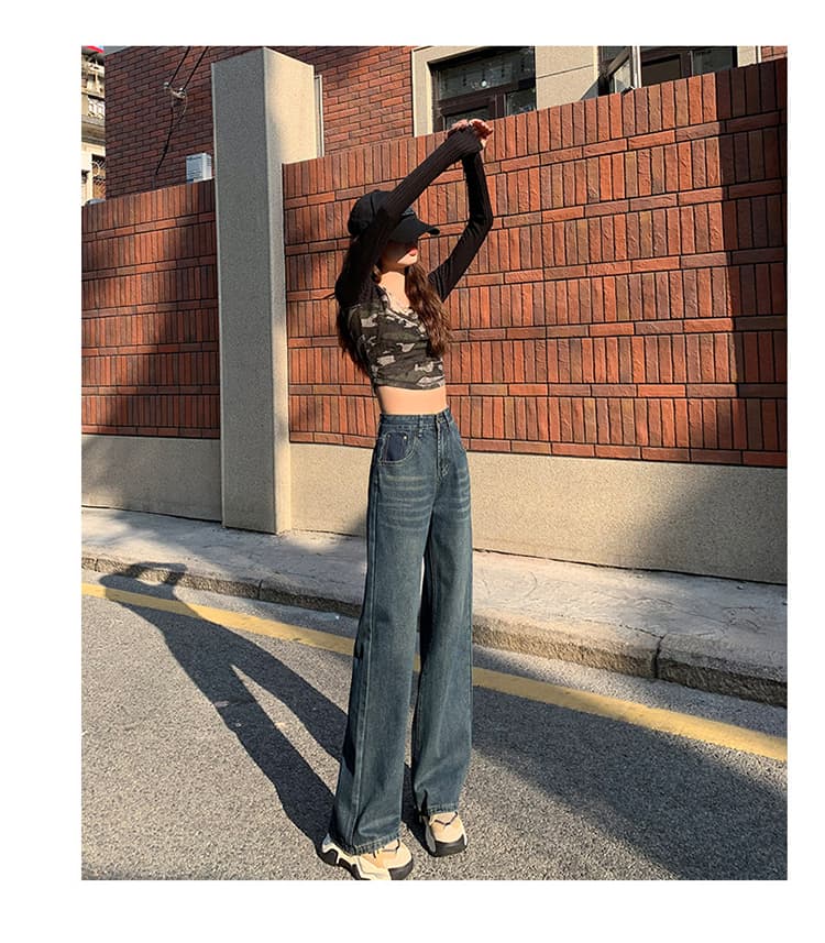u 글꼴 주머니 물 말 넓은 다리 청바지 여성 배색 레트로 털이 있고 두꺼운 하이웨이스트 좁은 에디션 루즈핏 스트레이트 상세 이미지 23